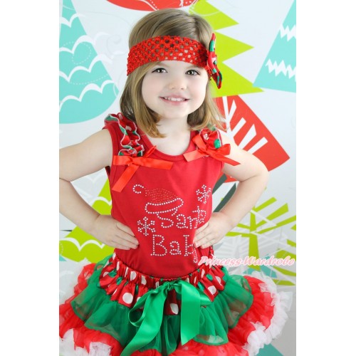 Xmas Red Baby Pettitop Red White Green Dots Ruffles Red Bow & Sparkle Rhinestone Santa Claus Print & Red White Green Dots Newborn Pettiskirt NG1609